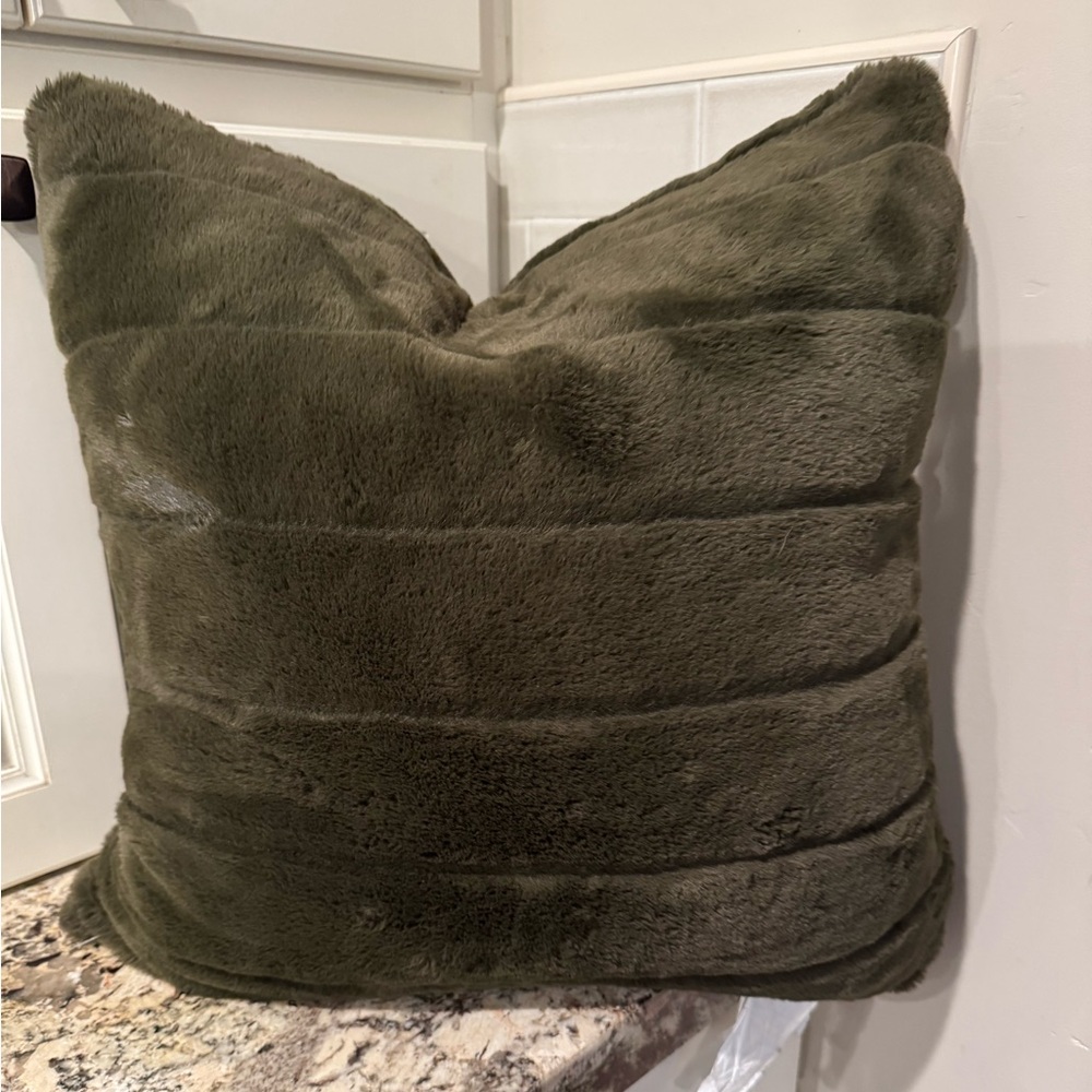 Adrienne Landau Olive Faux Fur Pillow Soft Feather Down Filled
